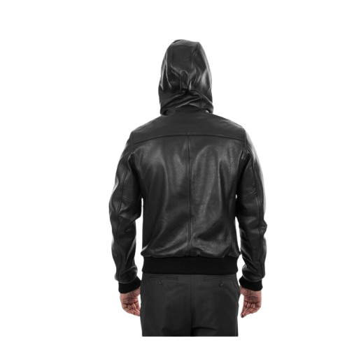 Men soft Genuine leather hooded bomber jacket color Black